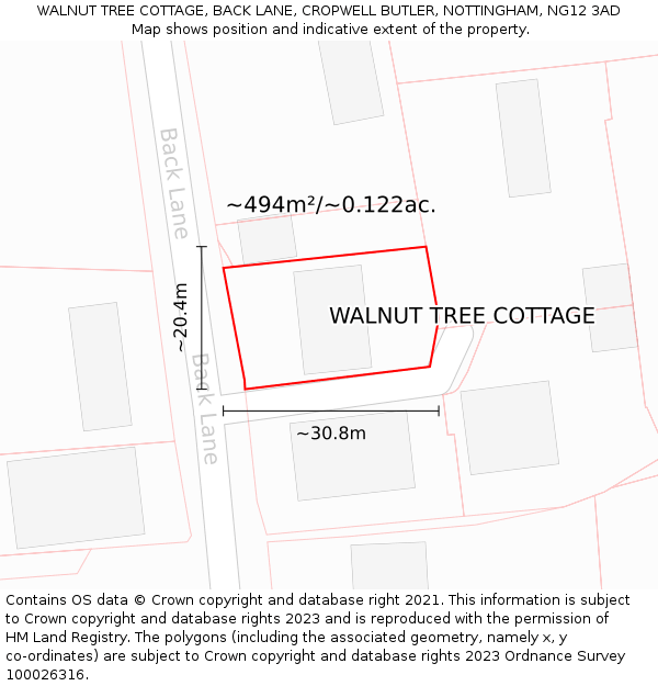 WALNUT TREE COTTAGE, BACK LANE, CROPWELL BUTLER, NOTTINGHAM, NG12 3AD: Plot and title map