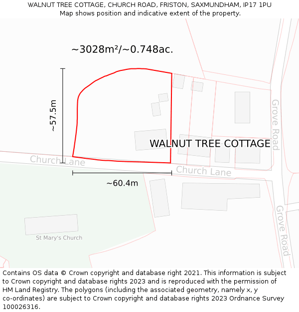 WALNUT TREE COTTAGE, CHURCH ROAD, FRISTON, SAXMUNDHAM, IP17 1PU: Plot and title map
