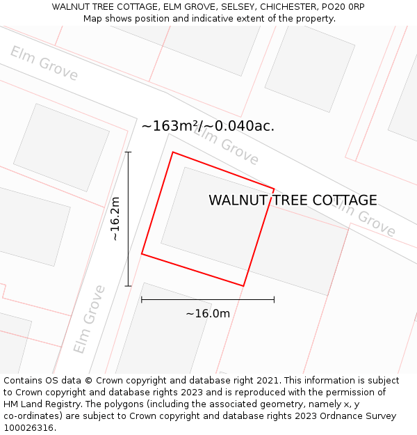 WALNUT TREE COTTAGE, ELM GROVE, SELSEY, CHICHESTER, PO20 0RP: Plot and title map