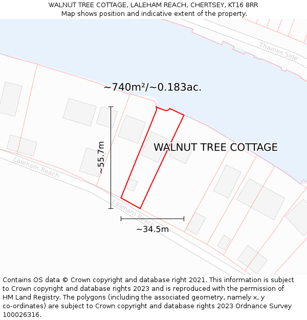 WALNUT TREE COTTAGE, LALEHAM REACH, CHERTSEY, KT16 8RR: Plot and title map