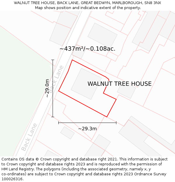 WALNUT TREE HOUSE, BACK LANE, GREAT BEDWYN, MARLBOROUGH, SN8 3NX: Plot and title map