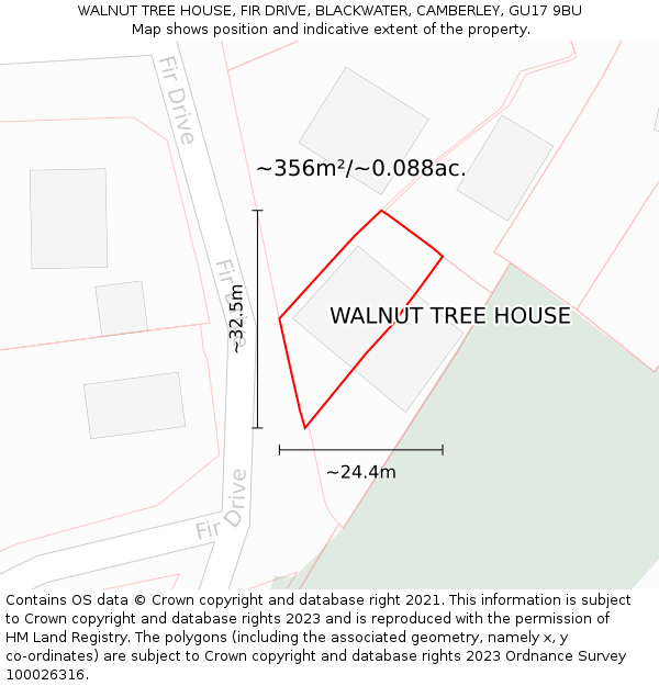 WALNUT TREE HOUSE, FIR DRIVE, BLACKWATER, CAMBERLEY, GU17 9BU: Plot and title map
