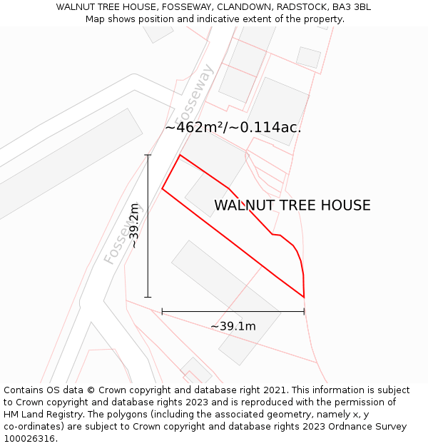 WALNUT TREE HOUSE, FOSSEWAY, CLANDOWN, RADSTOCK, BA3 3BL: Plot and title map