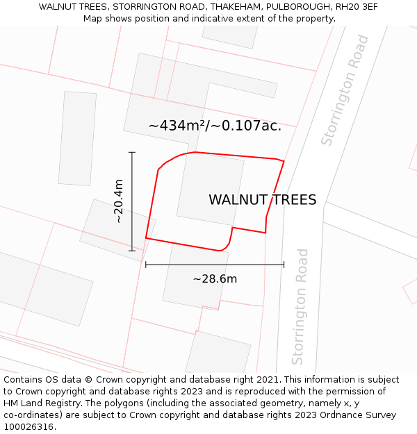 WALNUT TREES, STORRINGTON ROAD, THAKEHAM, PULBOROUGH, RH20 3EF: Plot and title map