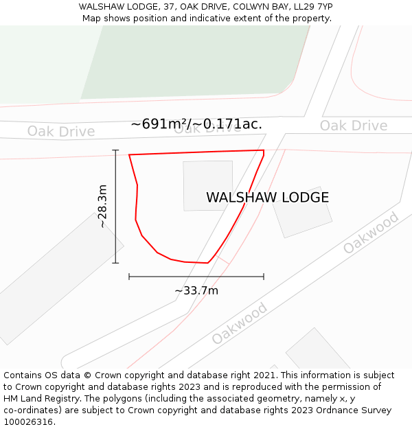 WALSHAW LODGE, 37, OAK DRIVE, COLWYN BAY, LL29 7YP: Plot and title map