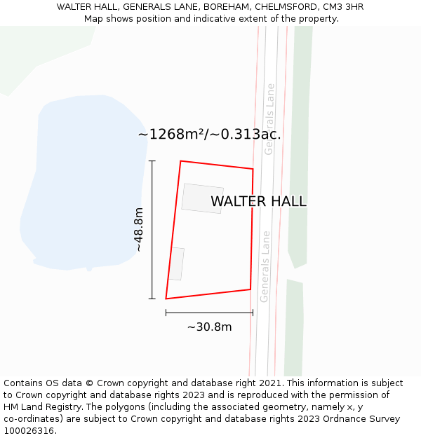 WALTER HALL, GENERALS LANE, BOREHAM, CHELMSFORD, CM3 3HR: Plot and title map