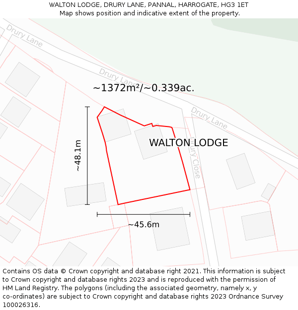 WALTON LODGE, DRURY LANE, PANNAL, HARROGATE, HG3 1ET: Plot and title map