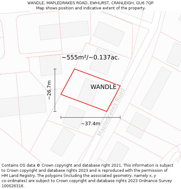 WANDLE, MAPLEDRAKES ROAD, EWHURST, CRANLEIGH, GU6 7QP: Plot and title map