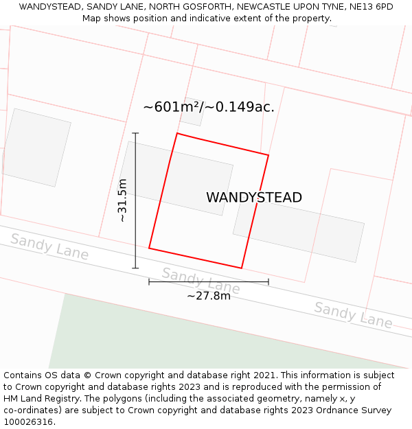 WANDYSTEAD, SANDY LANE, NORTH GOSFORTH, NEWCASTLE UPON TYNE, NE13 6PD: Plot and title map