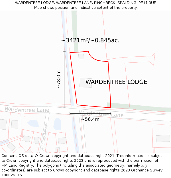 WARDENTREE LODGE, WARDENTREE LANE, PINCHBECK, SPALDING, PE11 3UF: Plot and title map
