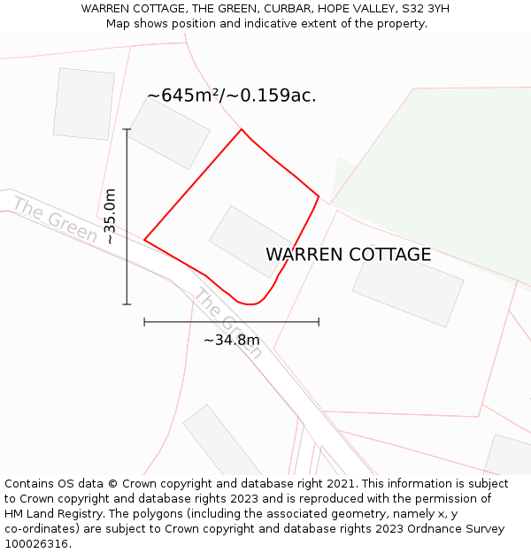 WARREN COTTAGE, THE GREEN, CURBAR, HOPE VALLEY, S32 3YH: Plot and title map