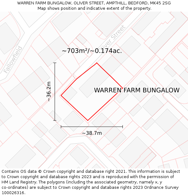 WARREN FARM BUNGALOW, OLIVER STREET, AMPTHILL, BEDFORD, MK45 2SG: Plot and title map