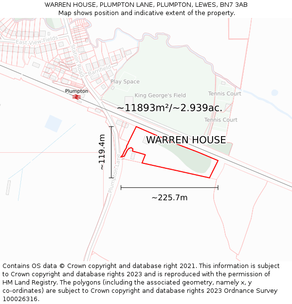 WARREN HOUSE, PLUMPTON LANE, PLUMPTON, LEWES, BN7 3AB: Plot and title map