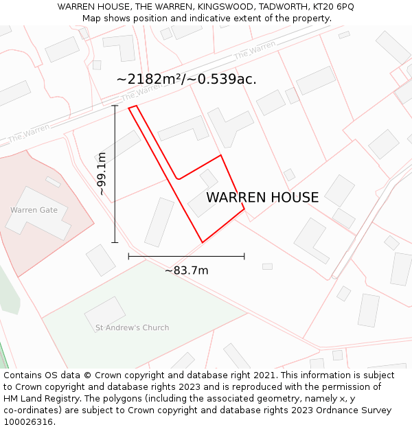 WARREN HOUSE, THE WARREN, KINGSWOOD, TADWORTH, KT20 6PQ: Plot and title map