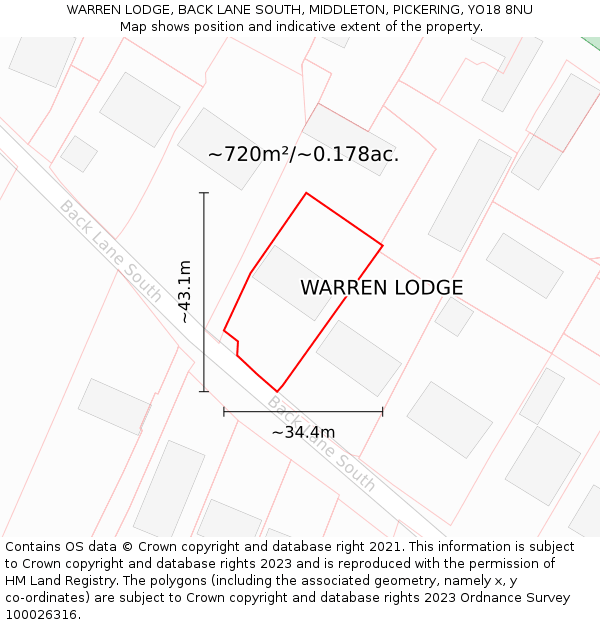 WARREN LODGE, BACK LANE SOUTH, MIDDLETON, PICKERING, YO18 8NU: Plot and title map