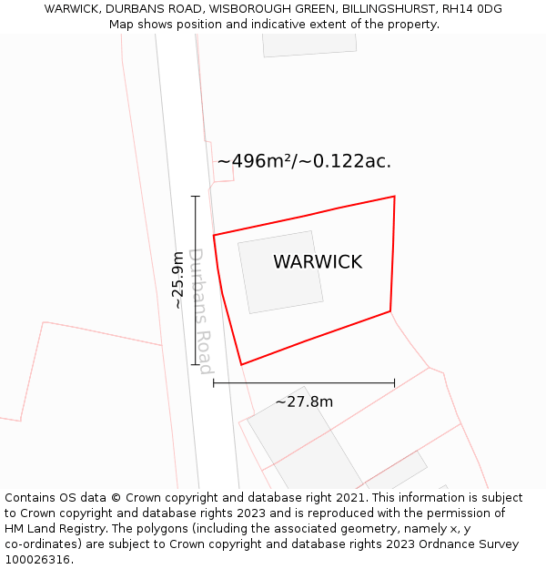 WARWICK, DURBANS ROAD, WISBOROUGH GREEN, BILLINGSHURST, RH14 0DG: Plot and title map