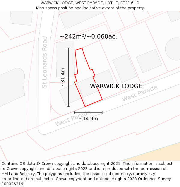 WARWICK LODGE, WEST PARADE, HYTHE, CT21 6HD: Plot and title map