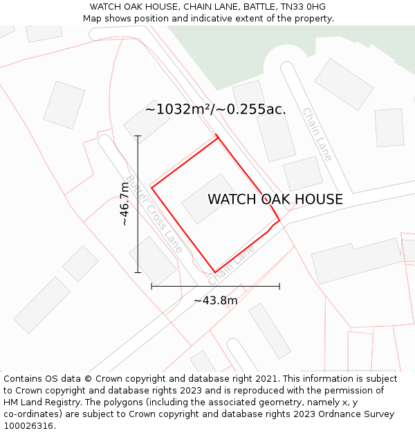 WATCH OAK HOUSE, CHAIN LANE, BATTLE, TN33 0HG: Plot and title map