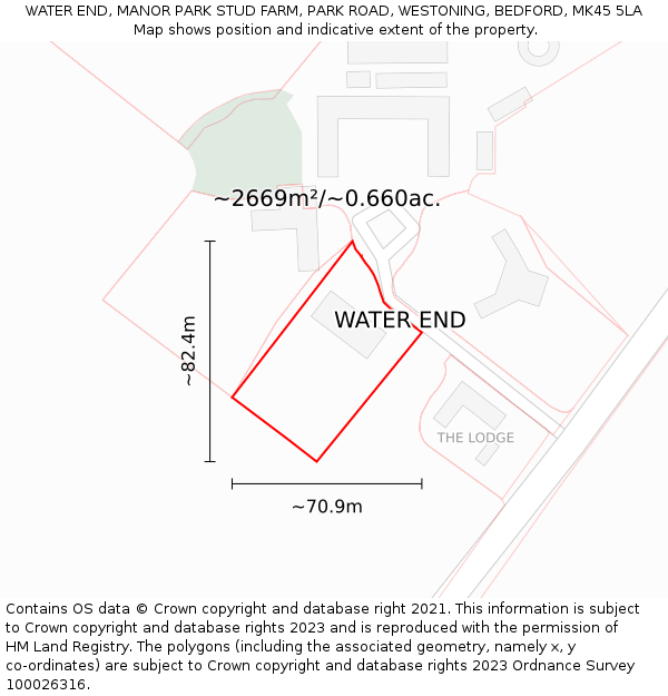 WATER END, MANOR PARK STUD FARM, PARK ROAD, WESTONING, BEDFORD, MK45 5LA: Plot and title map