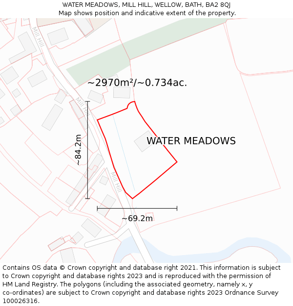 WATER MEADOWS, MILL HILL, WELLOW, BATH, BA2 8QJ: Plot and title map