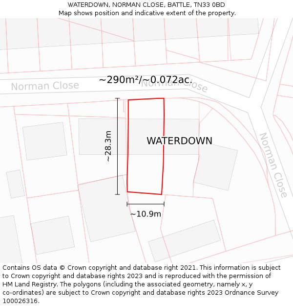 WATERDOWN, NORMAN CLOSE, BATTLE, TN33 0BD: Plot and title map