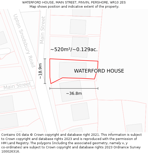 WATERFORD HOUSE, MAIN STREET, PINVIN, PERSHORE, WR10 2ES: Plot and title map