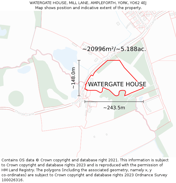 WATERGATE HOUSE, MILL LANE, AMPLEFORTH, YORK, YO62 4EJ: Plot and title map