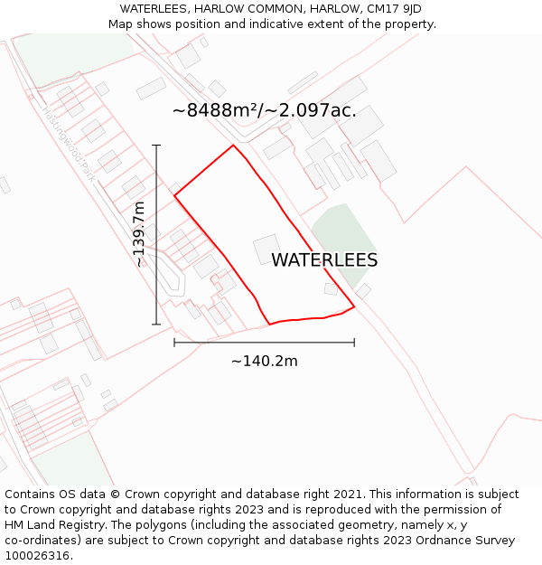 WATERLEES, HARLOW COMMON, HARLOW, CM17 9JD: Plot and title map