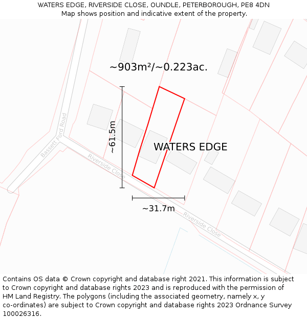 WATERS EDGE, RIVERSIDE CLOSE, OUNDLE, PETERBOROUGH, PE8 4DN: Plot and title map