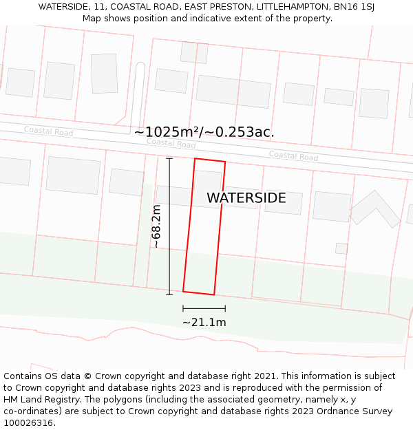 WATERSIDE, 11, COASTAL ROAD, EAST PRESTON, LITTLEHAMPTON, BN16 1SJ: Plot and title map