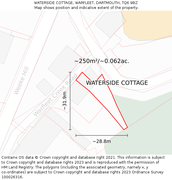 WATERSIDE COTTAGE, WARFLEET, DARTMOUTH, TQ6 9BZ: Plot and title map