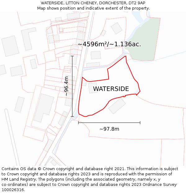 WATERSIDE, LITTON CHENEY, DORCHESTER, DT2 9AP: Plot and title map
