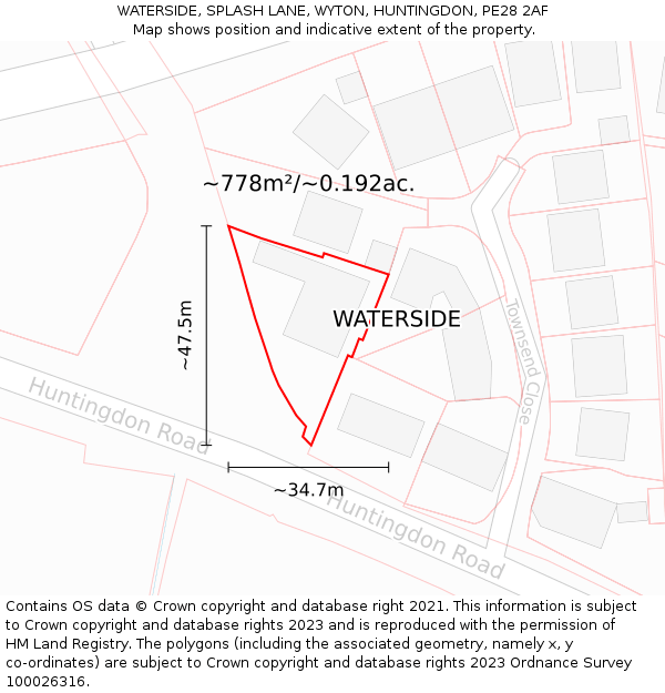 WATERSIDE, SPLASH LANE, WYTON, HUNTINGDON, PE28 2AF: Plot and title map