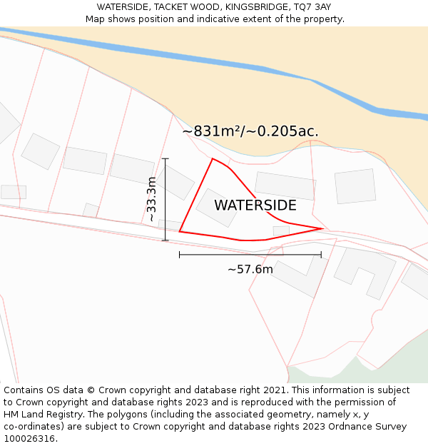 WATERSIDE, TACKET WOOD, KINGSBRIDGE, TQ7 3AY: Plot and title map