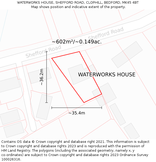 WATERWORKS HOUSE, SHEFFORD ROAD, CLOPHILL, BEDFORD, MK45 4BT: Plot and title map