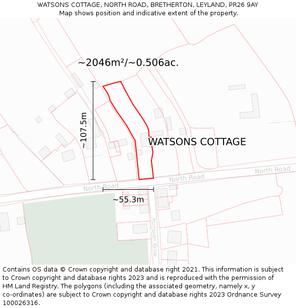 WATSONS COTTAGE, NORTH ROAD, BRETHERTON, LEYLAND, PR26 9AY: Plot and title map