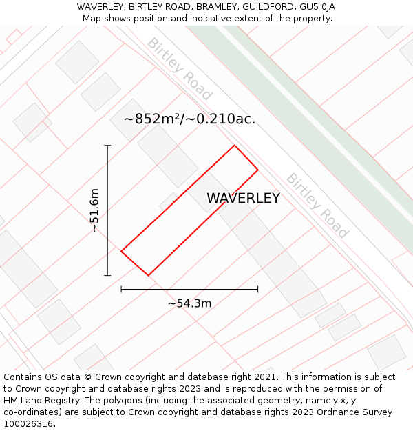 WAVERLEY, BIRTLEY ROAD, BRAMLEY, GUILDFORD, GU5 0JA: Plot and title map