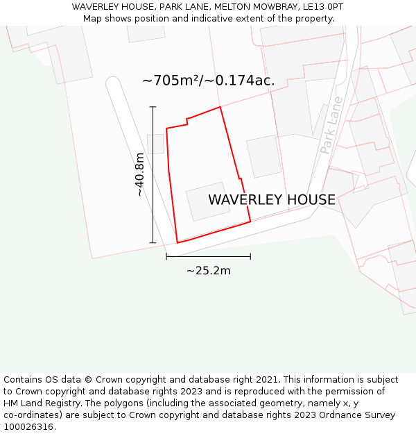 WAVERLEY HOUSE, PARK LANE, MELTON MOWBRAY, LE13 0PT: Plot and title map