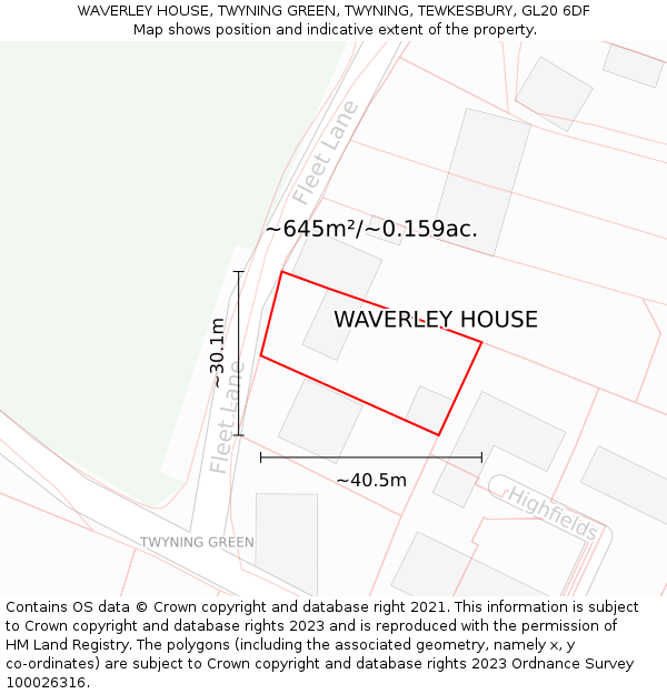 WAVERLEY HOUSE, TWYNING GREEN, TWYNING, TEWKESBURY, GL20 6DF: Plot and title map