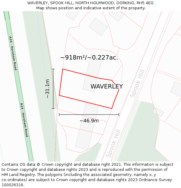WAVERLEY, SPOOK HILL, NORTH HOLMWOOD, DORKING, RH5 4EG: Plot and title map