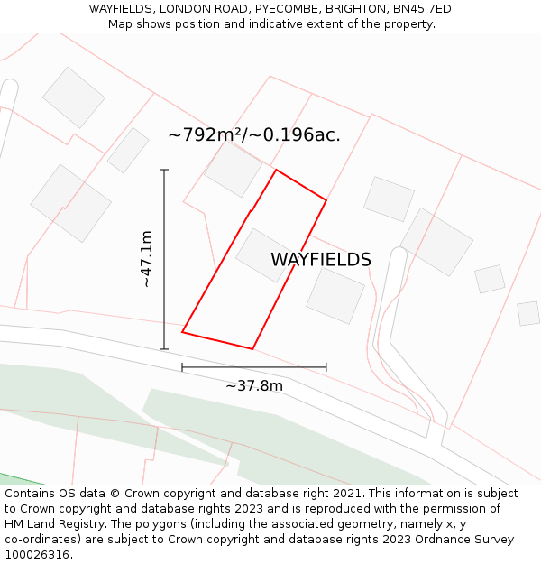 WAYFIELDS, LONDON ROAD, PYECOMBE, BRIGHTON, BN45 7ED: Plot and title map