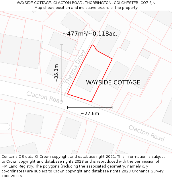 WAYSIDE COTTAGE, CLACTON ROAD, THORRINGTON, COLCHESTER, CO7 8JN: Plot and title map