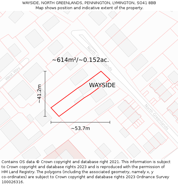 WAYSIDE, NORTH GREENLANDS, PENNINGTON, LYMINGTON, SO41 8BB: Plot and title map