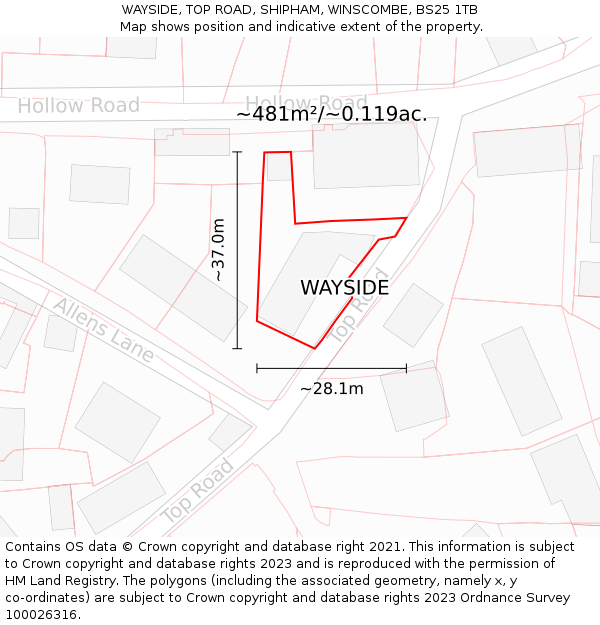 WAYSIDE, TOP ROAD, SHIPHAM, WINSCOMBE, BS25 1TB: Plot and title map