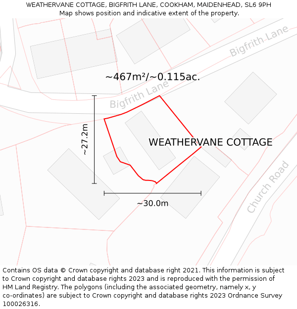 WEATHERVANE COTTAGE, BIGFRITH LANE, COOKHAM, MAIDENHEAD, SL6 9PH: Plot and title map