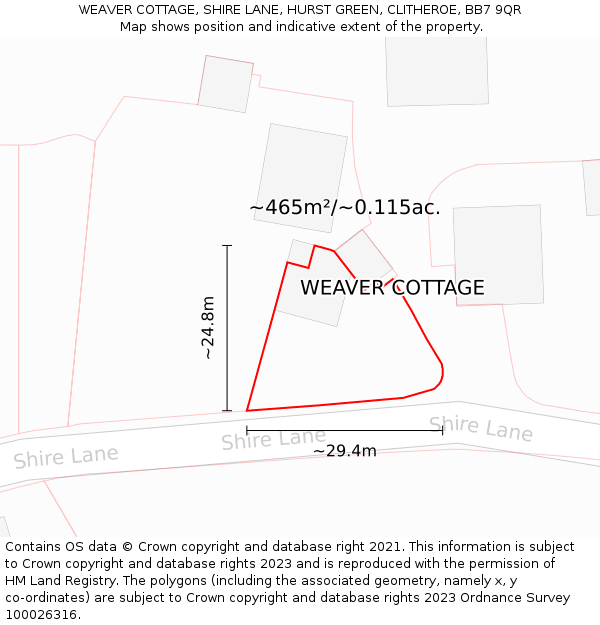 WEAVER COTTAGE, SHIRE LANE, HURST GREEN, CLITHEROE, BB7 9QR: Plot and title map