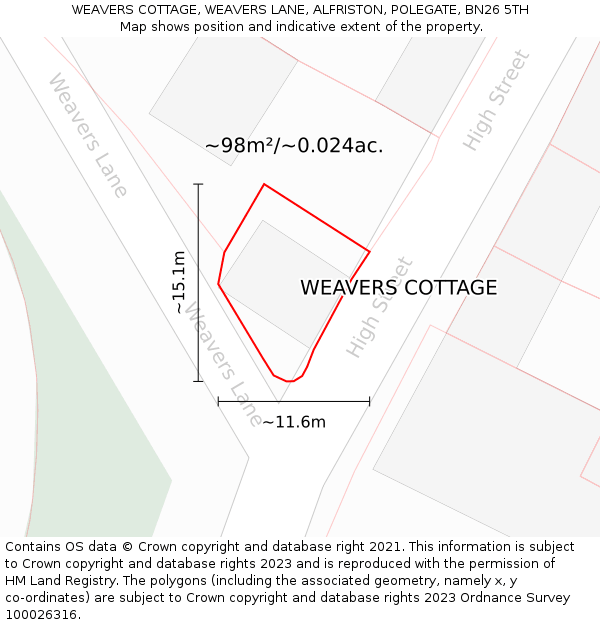WEAVERS COTTAGE, WEAVERS LANE, ALFRISTON, POLEGATE, BN26 5TH: Plot and title map