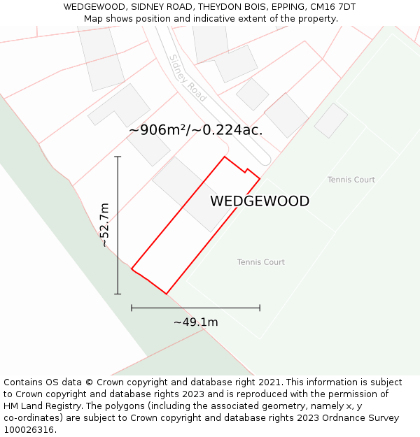 WEDGEWOOD, SIDNEY ROAD, THEYDON BOIS, EPPING, CM16 7DT: Plot and title map