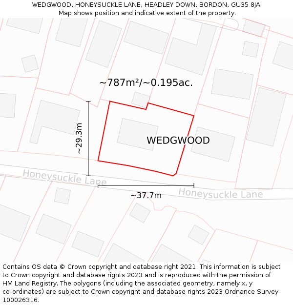 WEDGWOOD, HONEYSUCKLE LANE, HEADLEY DOWN, BORDON, GU35 8JA: Plot and title map