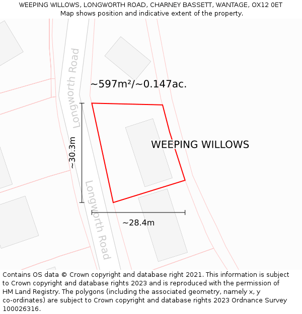 WEEPING WILLOWS, LONGWORTH ROAD, CHARNEY BASSETT, WANTAGE, OX12 0ET: Plot and title map